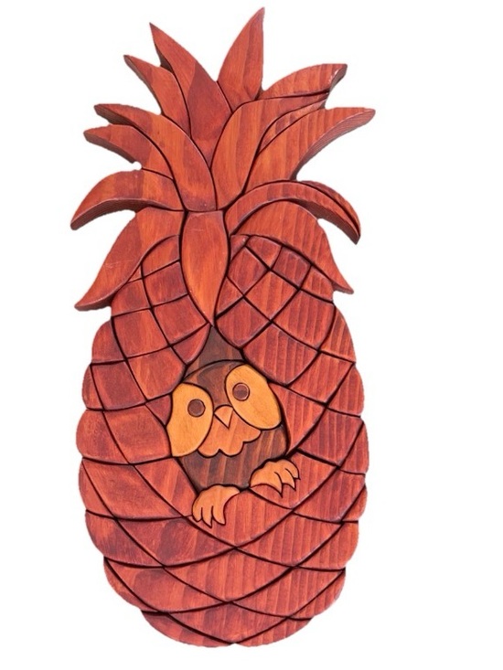 Other - Handcrafted Intarsia Pineapple And Owl Wood Art Wall Plaque Vintage Kitschy